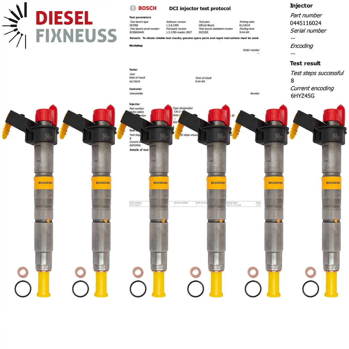 6x BMW Diesel Injectors (0445116024) - Compatible with BMW 525d, 530d, X5, X6, 3.0d and many other models including E60, E90, F10 series. Includes O-rings and BOSCH test report. Fits 2.0D (120KW/163PS, 130KW/177PS) and 3.0D (150KW/204PS, 170KW/231PS, 180KW/245PS) engines.