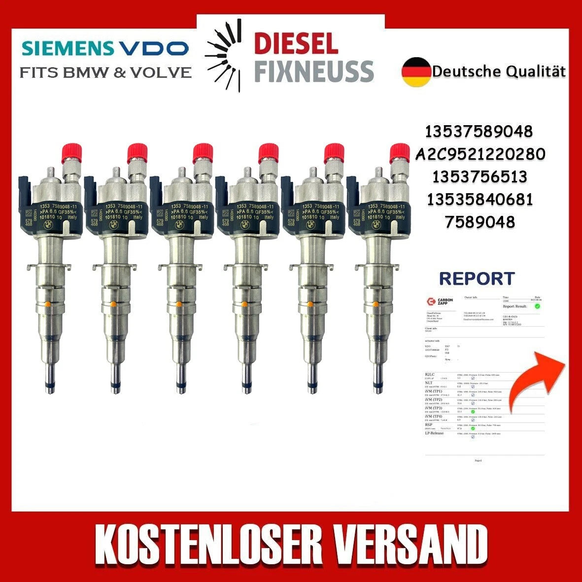6x Fuel Injector BMW 1/3/5 Series | Part No: 13537589048/13537585261-11 Benzin | Compatible with N45/N43/N53 Engines | Includes Copper Ring, O-Ring, Test Report