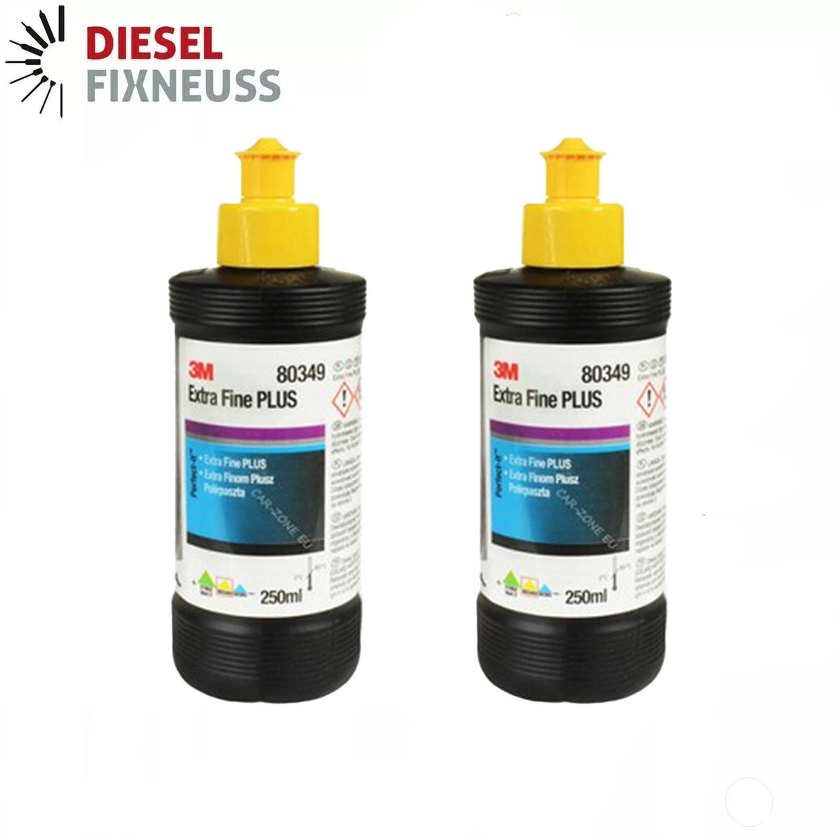 2x 3M Perfect-It III Extra Fine PLUS Schleifpaste 80349 (250 mL) — a fine polishing paste designed for finishing modern scratch-resistant clear coats, effectively removing fine and coarse sanding scratches while preventing orange peel effect; suitable for 2K standard paints and usable by hand or machine, delivering outstanding paint finish