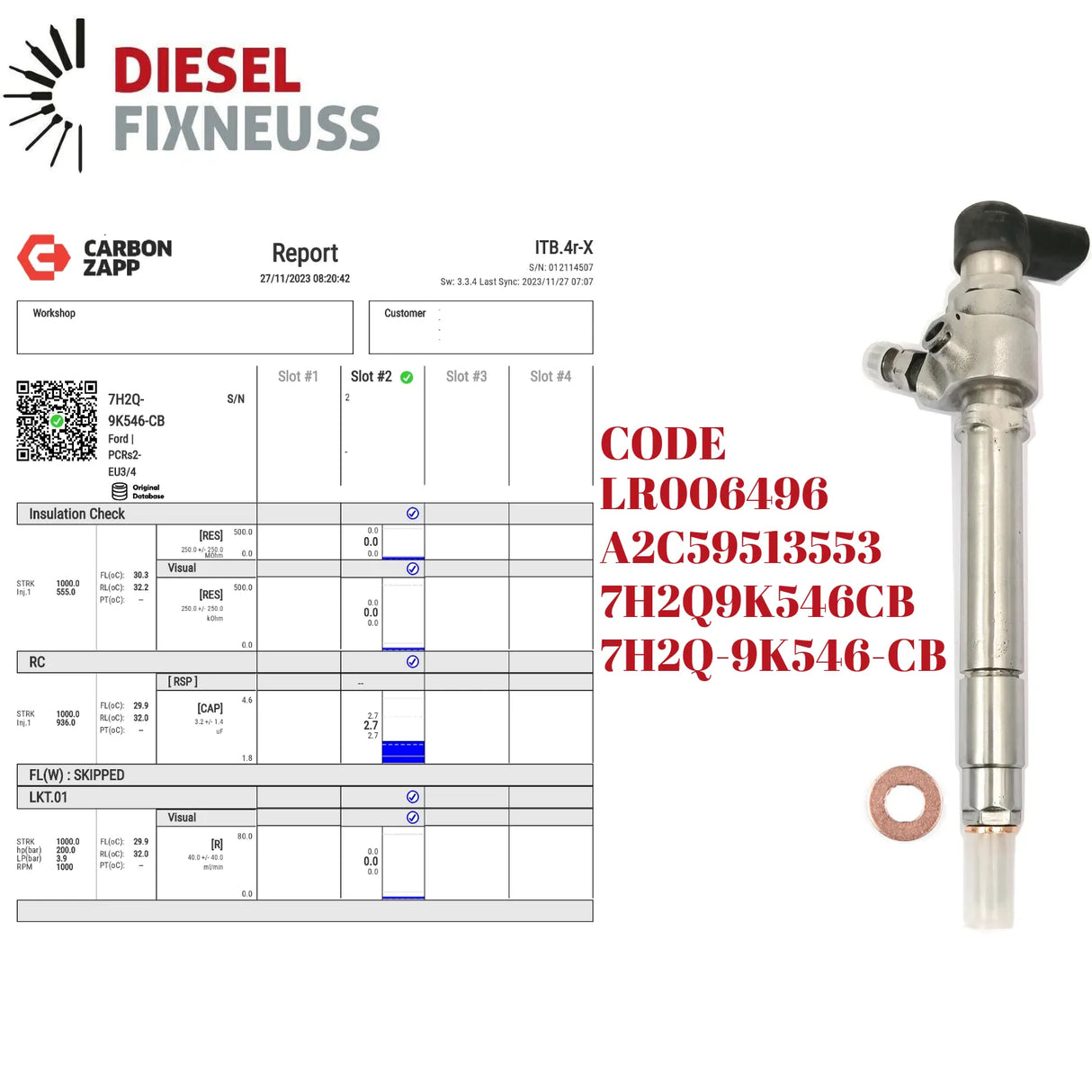 Siemens/Vdo Injector (7H2Q-9K546-CB) with Test Report for Land Rover Discovery III, IV, and Range Rover Sport (2004-2018). Compatible with 2.7 TDV6 Diesel Euro 4 engines, 2720cc, 140 KW, 190 HP. Part numbers: LR008837, LR006496, A2C59513553, X11-800-002-002Z.