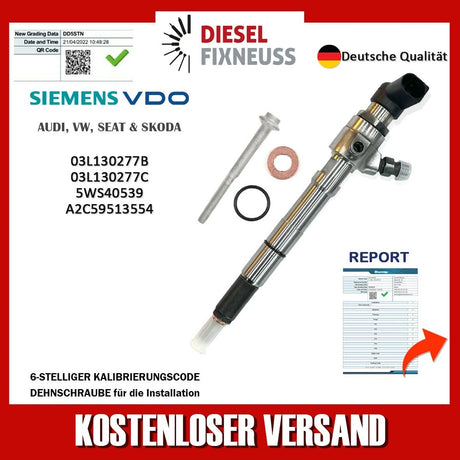 High-quality Siemens VDO diesel fuel injector for Audi, VW, Seat & Skoda vehicles. Part numbers 03L130277B, 03L130277C, 5WS40539, A2C59513554. German engineering quality with 6-digit calibration code. Complete kit includes installation components. Free shipping available. Tested and certified for optimal performance. Deutsche Qualität.