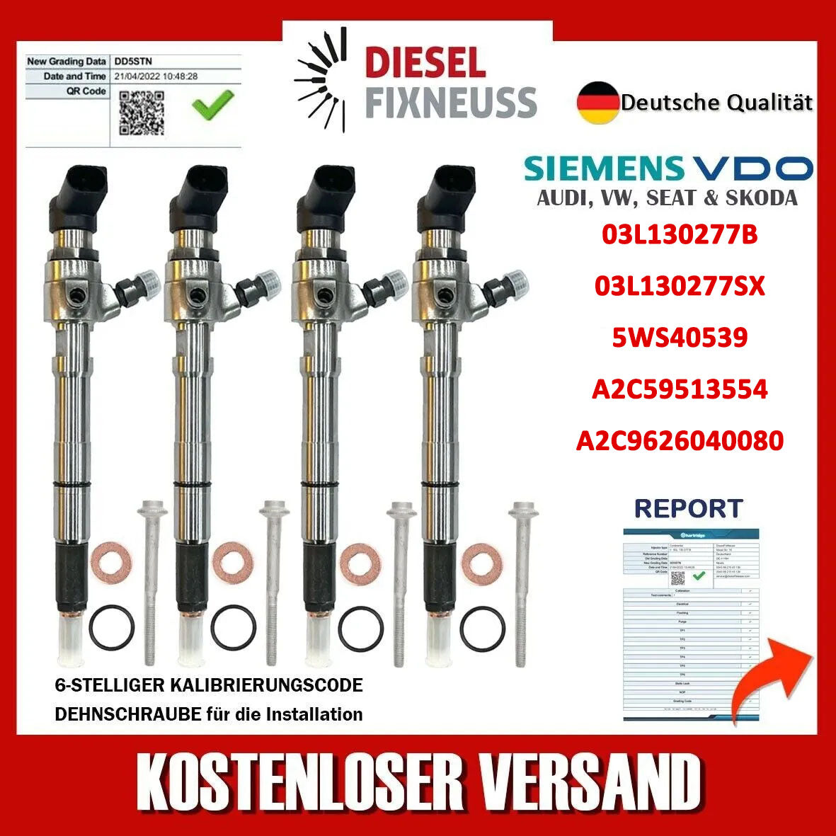 4x Injektor Einspritzdüse 03L130277B Siemens VW Motor CAYA 1,6 TDI CONTINENTAL