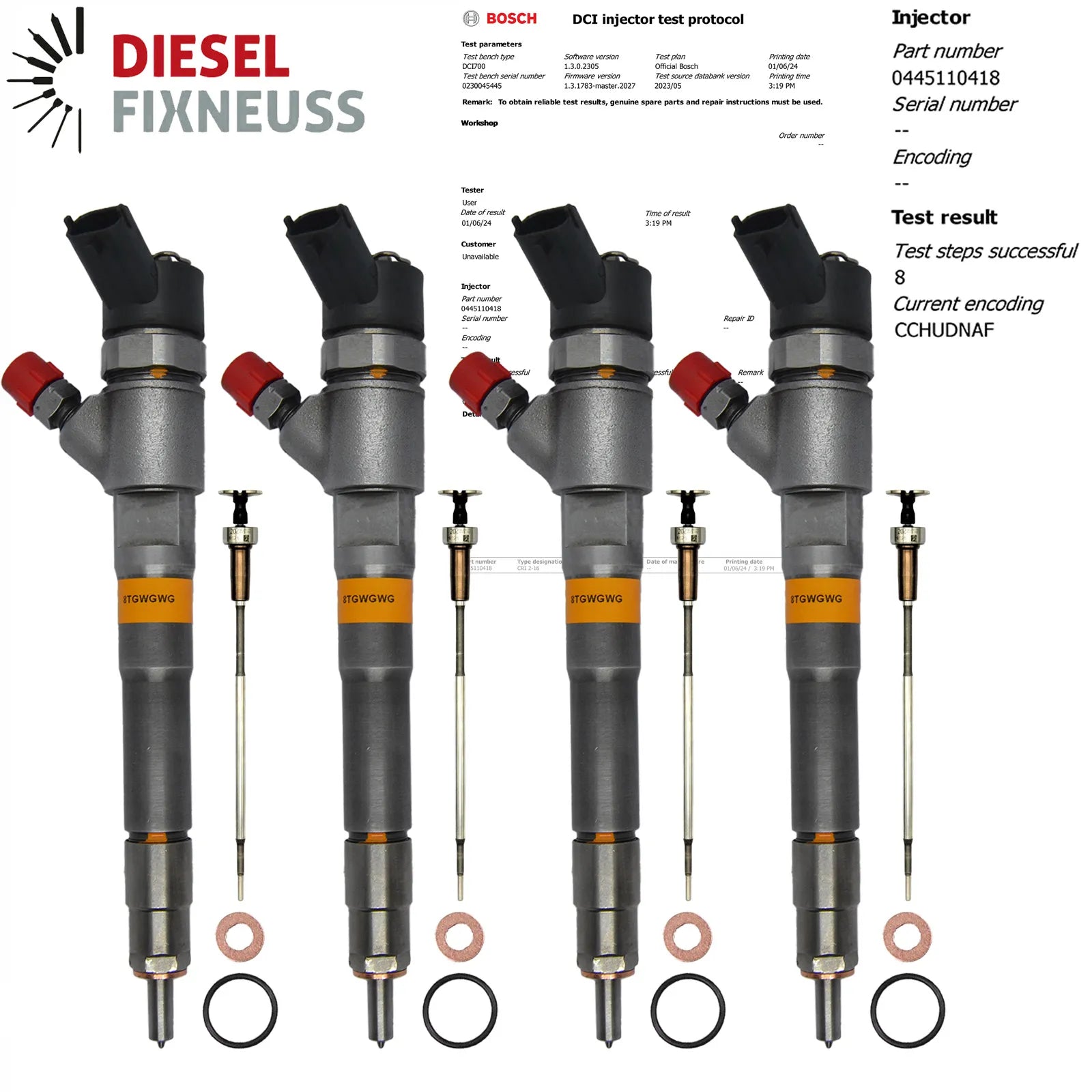 4x Bosch injectors (part number 0445110418/504389548/JD22) compatible with FIAT CITROEN PEUGEOT vehicles. Includes copper sealing rings, O-rings, and (Bosch Dci 700) test report. Fits FIAT DUCATO and IVECO DAILY IV/V models with various power outputs (95-170 PS). Compatible with Multijet engines across numerous vehicle variants. Comes with 1-year warranty without kilometer limitation.