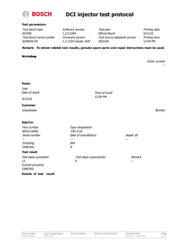 Bosch injector (part number 0445110469) compatible with Audi, VW, Seat and Skoda vehicles. Includes copper sealing rings, O-rings, and (Bosch Dci 700) test report. Fits VW, Seat, Aud, and Skoda models. Comes with 1-year warranty without kilometer limitation.