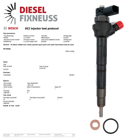 Bosch injector (part number 0445110469) compatible with Audi, VW, Seat and Skoda vehicles. Includes copper sealing rings, O-rings, and (Bosch Dci 700) test report. Fits VW, Seat, Aud, and Skoda models. Comes with 1-year warranty without kilometer limitation.