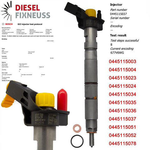 Bosch injector (part number 0445115037) compatible with Audi VW vehicles. Includes copper sealing rings, O-rings, and (Bosch Dci 700) test report. Fits VW and Audi models. Comes with 1-year warranty without kilometer limitation.