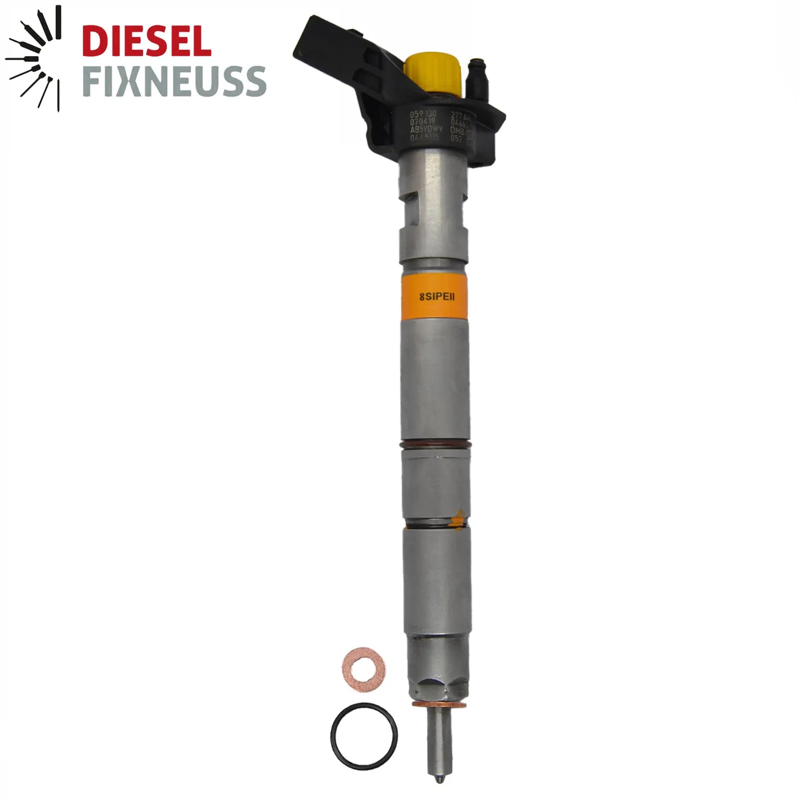 Bosch injector (part number 0445115037) compatible with Audi VW vehicles. Includes copper sealing rings, O-rings, and (Bosch Dci 700) test report. Fits VW and Audi models. Comes with 1-year warranty without kilometer limitation.