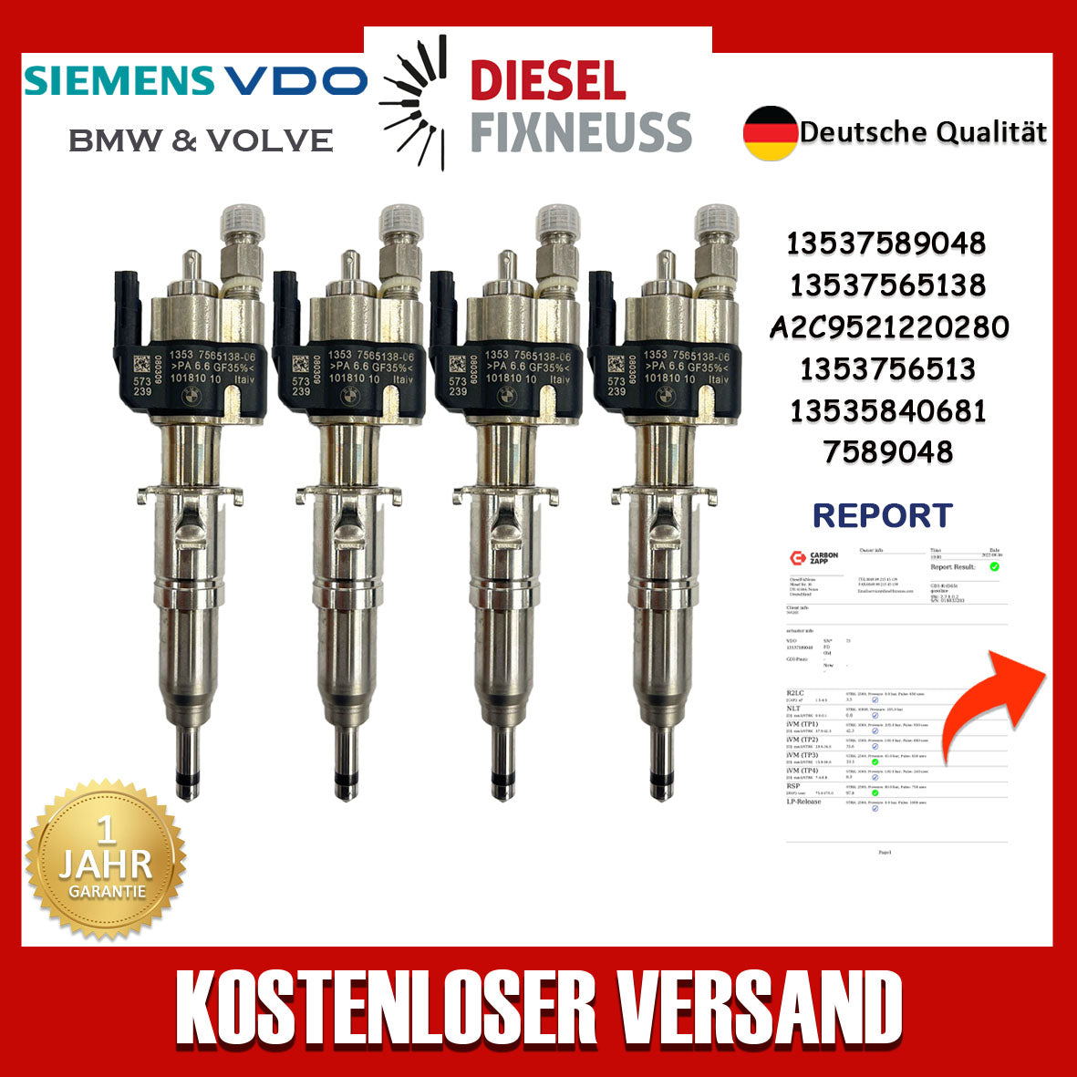 4x Einspritzventil VDO 13537589048 13537565138-06 13537585261 N43 N53 BMW Benzin