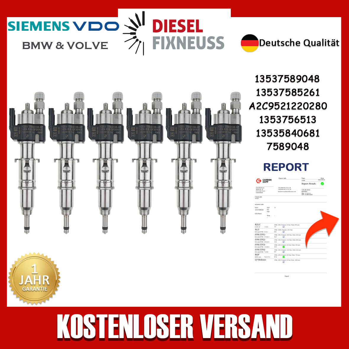 6x Einspritzdüse 13537589048 / 13537565137 E87 116I 1.6 90KW N43 VDO