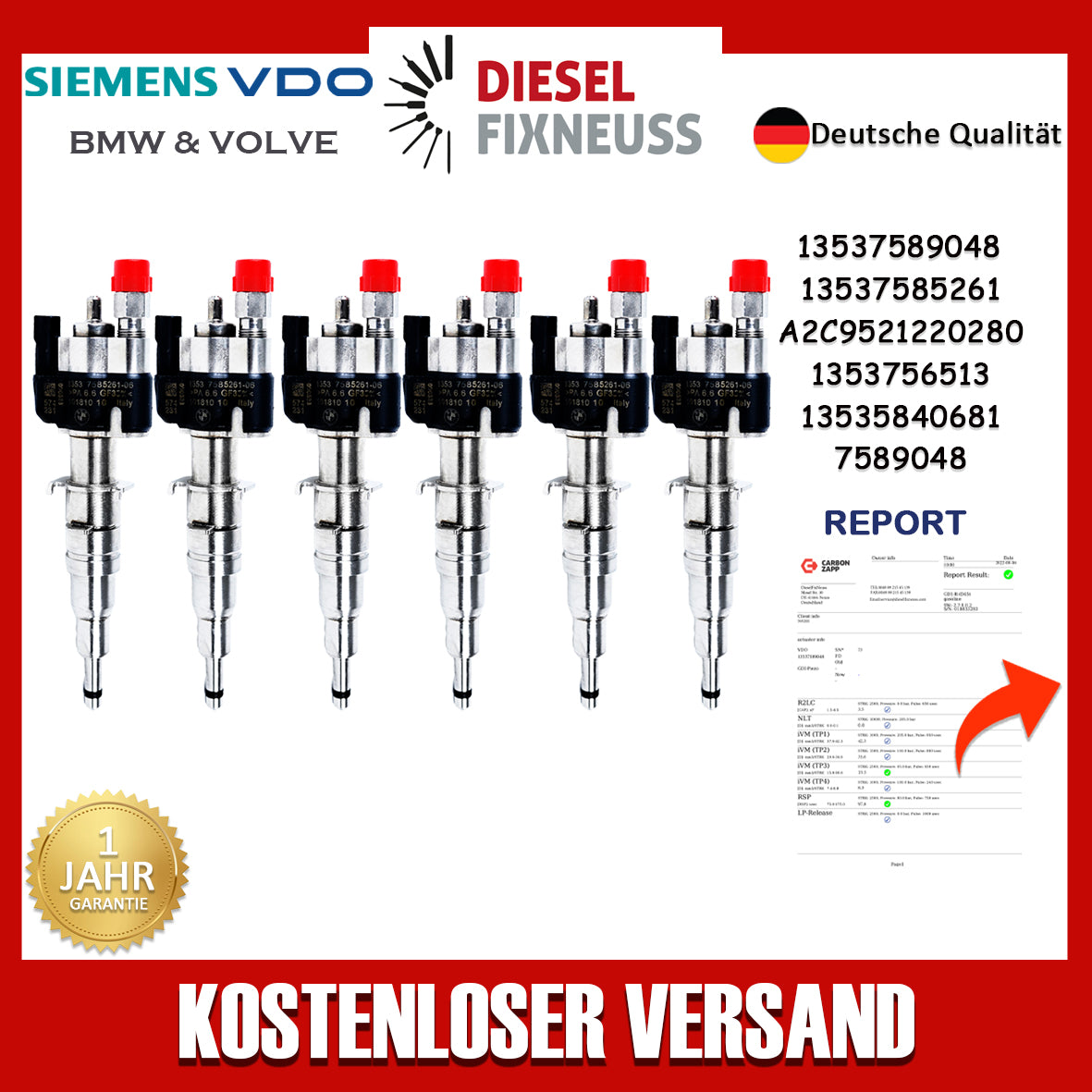 6x Einspritzdüse Einspritzventil VDO 13537585261-06 13537589048 N43 N53 BMW Benzin