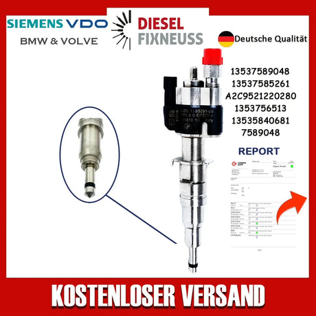 BMW Fuel Injector - VDO/Siemens 13537585261-06 / 13537589048. High-quality fuel injectors for BMW gasoline engines. Compatible with N43, N53, and N52 engine series. Includes copper sealing rings and test report.