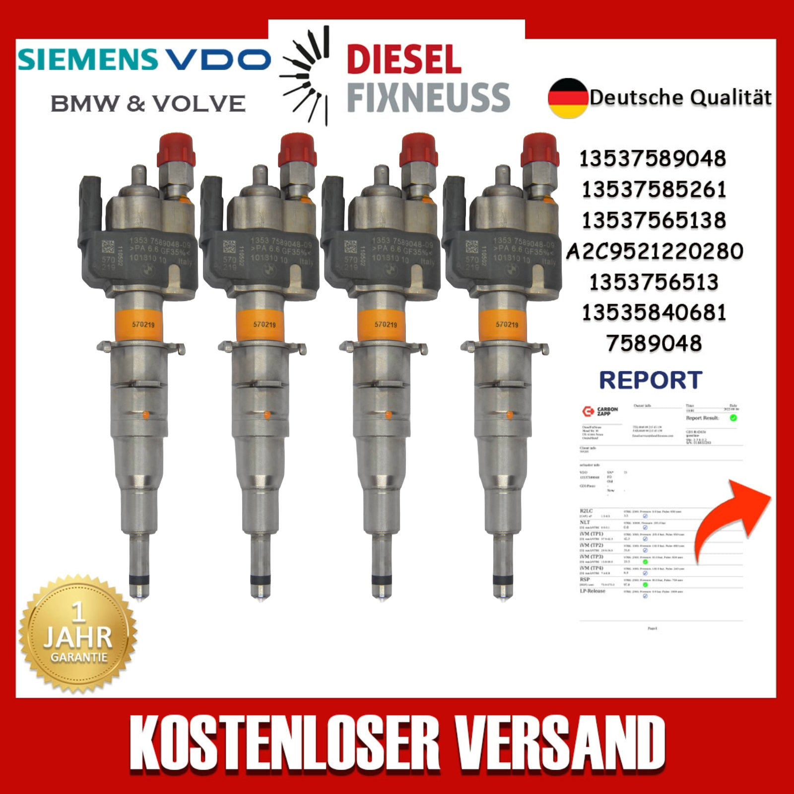 4x Einspritzventil VDO 13537589048-09 N43 N53 BMW Benzin