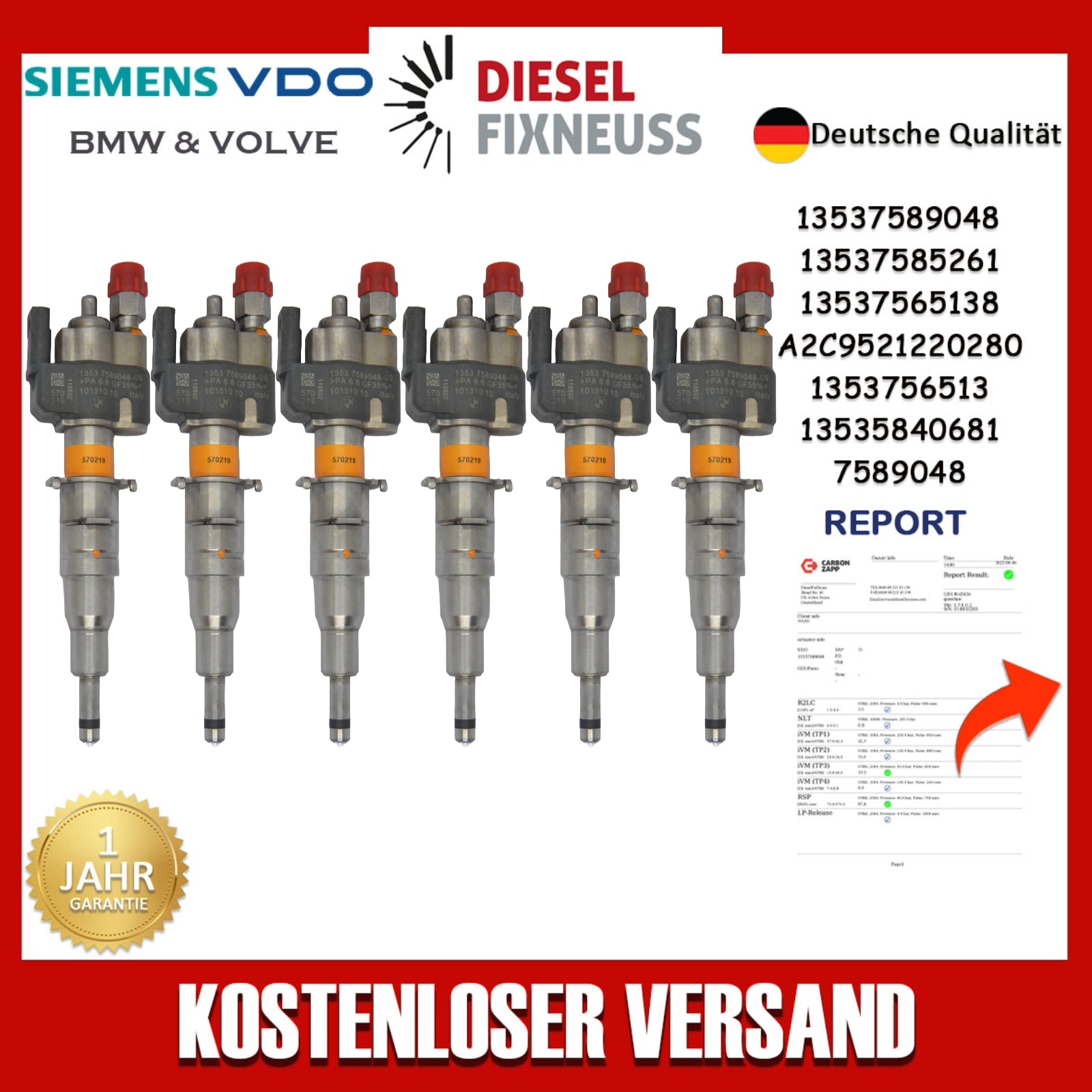 6x Injektor Passt für BMW Benzin 13537565137 / 13537589048-09 Index 09