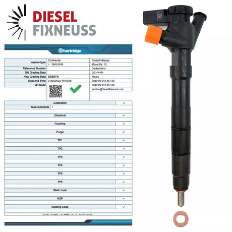 Refurbished Delphi injector 28424049 for 1.4 TDI (CUS/CUSA/CUSB), includes copper seal ring, O-ring, and test report – compatible with Audi, VW, Seat, and Skoda