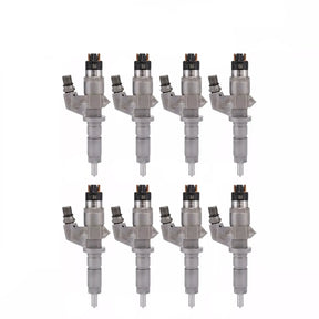 8x BOSCH injector 0445120008 for GMC ISUZU CHEVROLET 6.6L diesel engines. Compatible with LBZ engine codes. OEM quality replacement part.