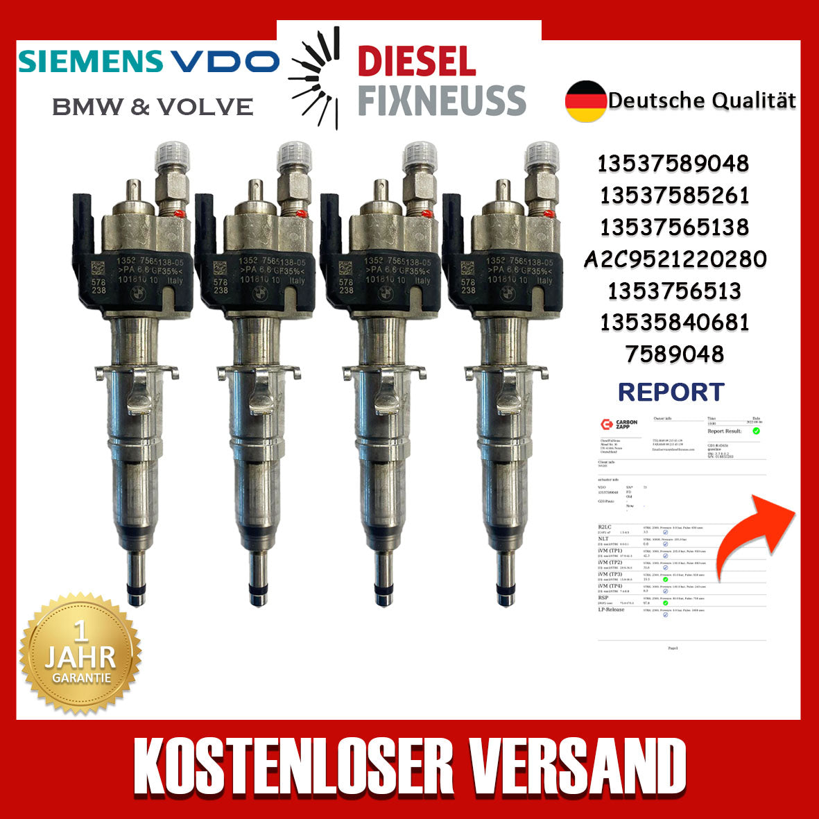 4x BMW Einspritzdüse E81-88 E90-93 E60 E61 F10 F11 - 13537589048 / 13537565138-05