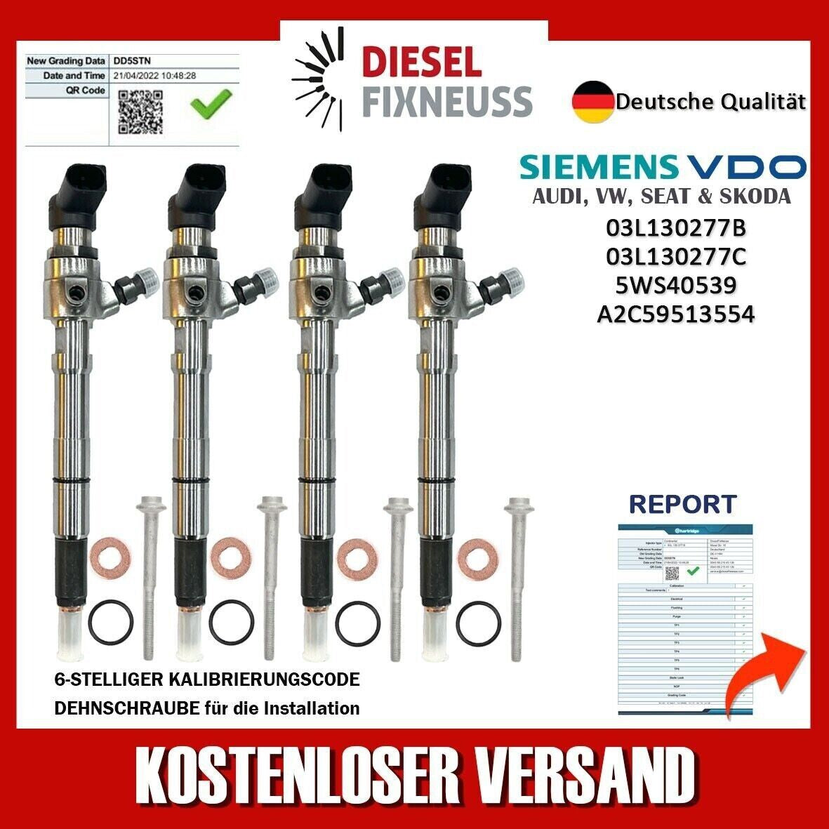 4x Injecteur 03L130277B Siemens VW Moteur CAYA 1,6 TDI Continental Audi CAYC