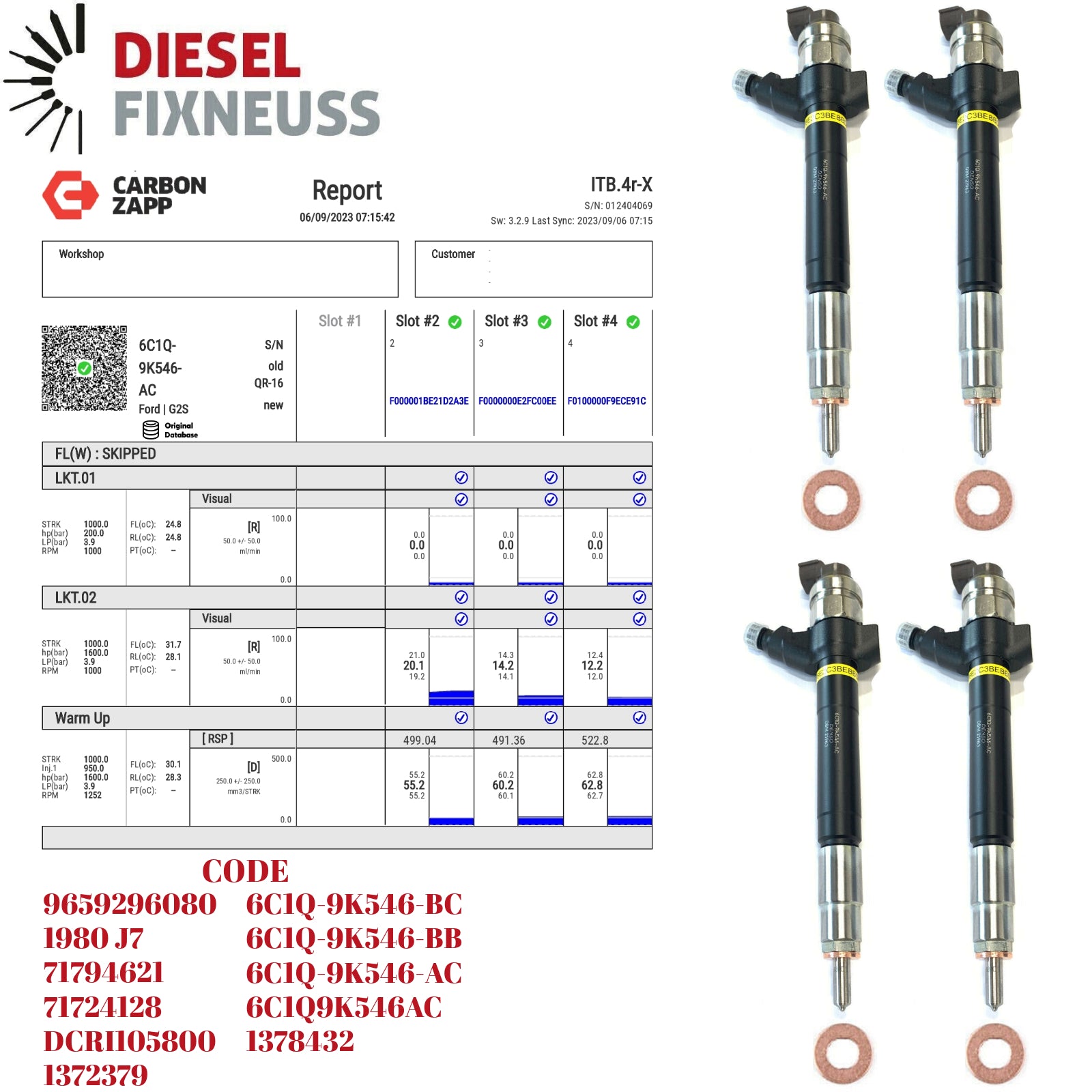 Diesel 6C1Q-9K546-AC Denso Injector Report on Carbon Zapp Test Machine