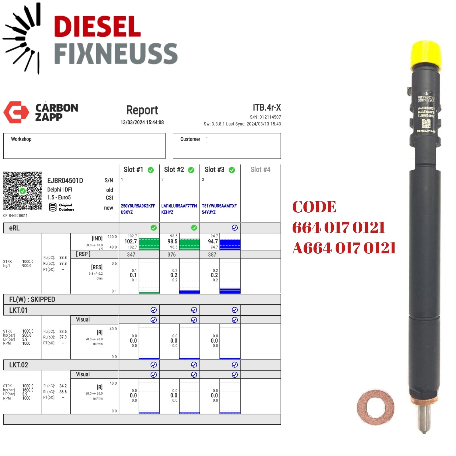 Diesel EJBR04501D Delphi Injector Report on Carbon Zapp Test Machine