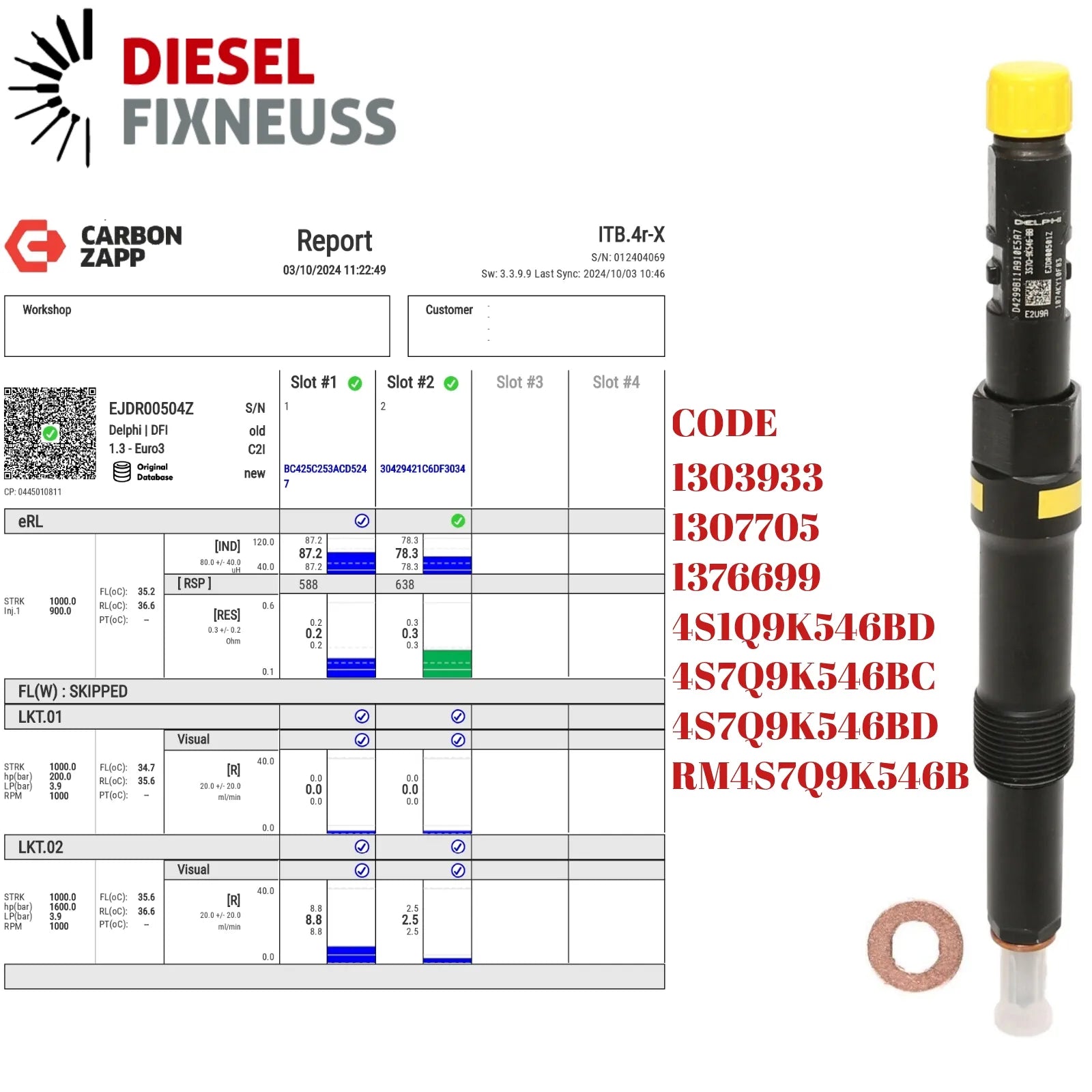 Delphi Injektor EJDR00504Z HRD326 4S7Q9K546BD R00504Z