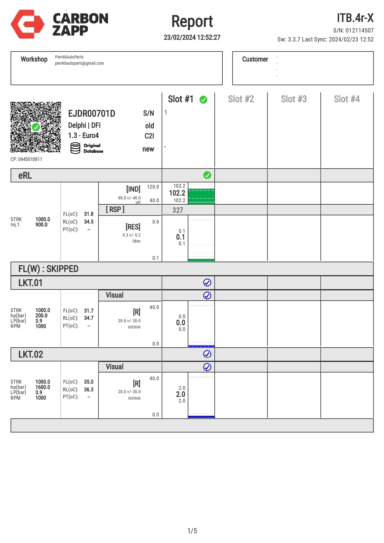 Diesel EJDR00701D Delphi Injector Report on Carbon Zapp Test Machine