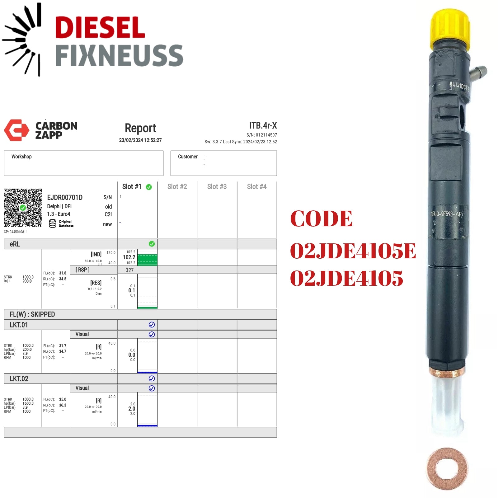 Diesel EJDR00701D Delphi Injector Report on Carbon Zapp Test Machine